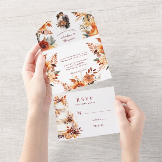 Fall Burgund und Orange Floral Wedding All In One Einladung (Abreißen)