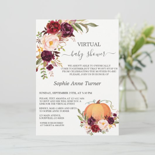Fall Burgundy Blume Pumpkin Virtual Baby Dusche Einladung (Stehend Vorderseite)