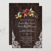 Fall Burgundy Blumenblumen Hochzeit von Holzspitze Einladung (Vorne/Hinten)