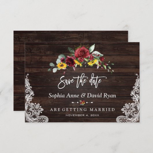 Fall Burgundy Blumenblumen Hochzeit von Holzspitze Save The Date (Vorne/Hinten)