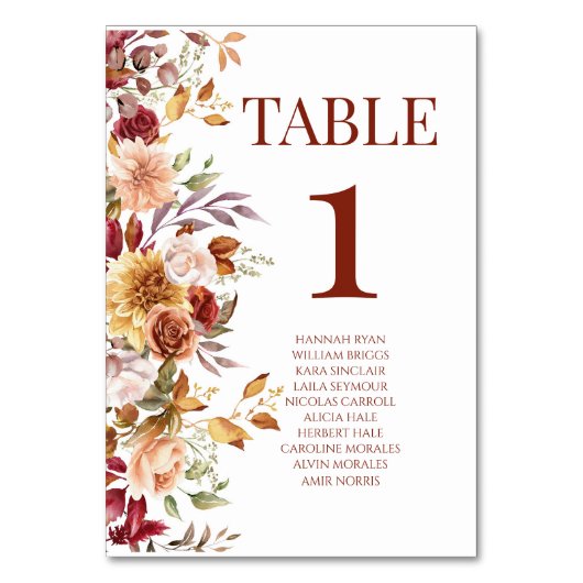 Fall Burgundy Brown Beige Blume Hochzeit der Flora Tischnummer (Rückseite)