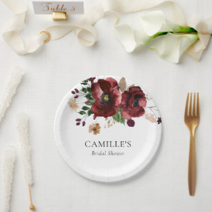 Fall Burgundy Floral Brautparty Party Pappteller