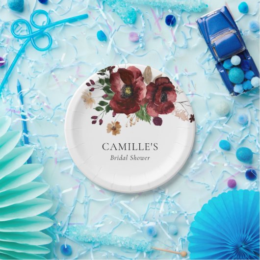 Fall Burgundy Floral Brautparty Party Pappteller (Party)