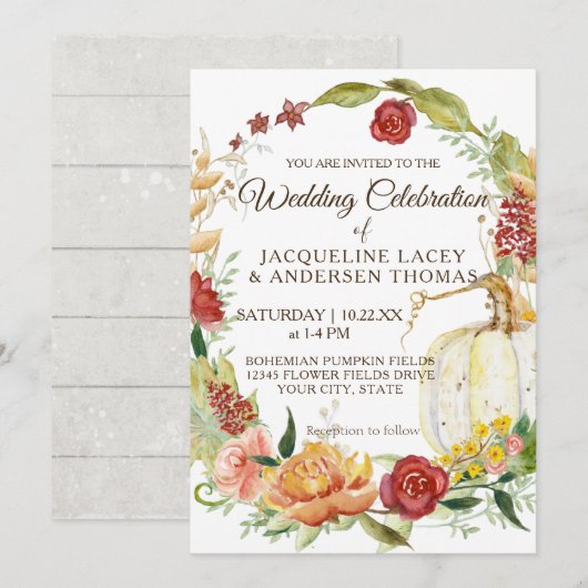 Fall Burgundy Floral White Pumpkin Wreath Wedding Einladung (Vorne/Hinten)