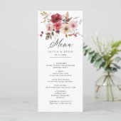 Fall Burgundy Maroon Pink Rustikale Blumenhochzeit Menükarte (Stehend Vorderseite)