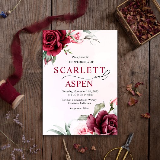 Fall Burgundy Merlot Bloral Wedding Einladung