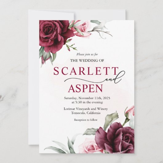 Fall Burgundy Merlot Bloral Wedding Einladung (Vorderseite)