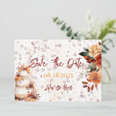 Fall Burgundy Orange Bloral Save the Date Card Einladung (Stehend Vorderseite)