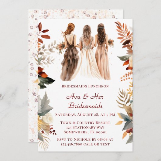 Fall Burgundy Orange Floral Bridesmaids Luncheon Einladung (Vorne/Hinten)