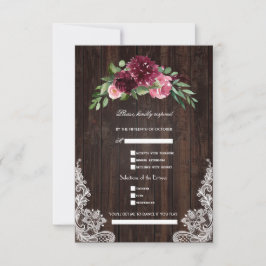 Fall Burgundy Pink Floral Wood Lace Hochzeit RSVP Karte