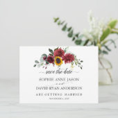 Fall Burgundy Sonnenblumen Hochzeitkalligraphie Save The Date (Stehend Vorderseite)