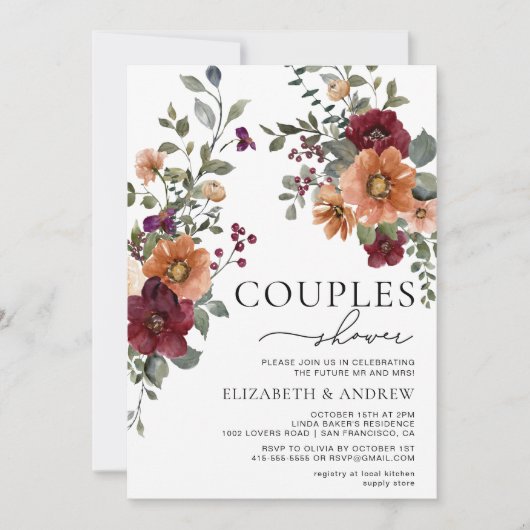 Fall Burgundy Terracotta Blumenpaare Dusche Einladung (Vorderseite)