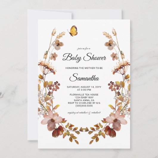 Fall Burgundy Wildblumen Babydusche Einladung (Vorderseite)