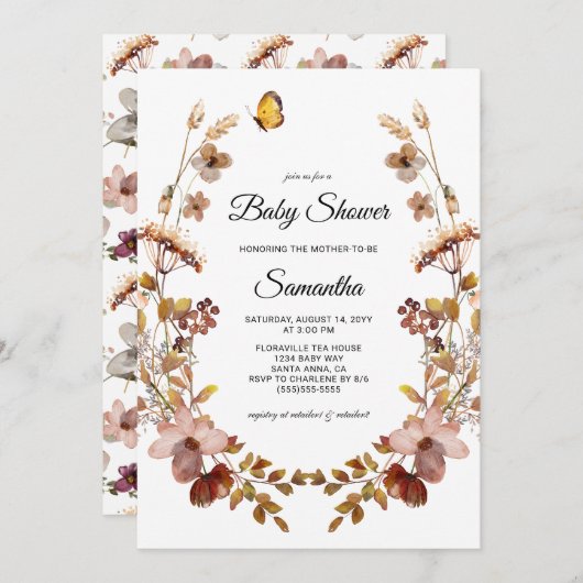 Fall Burgundy Wildblumen Babydusche Einladung (Vorne/Hinten)