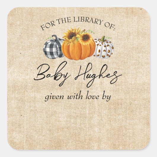 Fall Burlap Pumpkin Baby Showbibliothek Buchzeiche Quadratischer Aufkleber (Vorderseite)