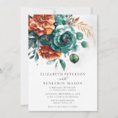 Fall Burnt Orange Aquamarine Rose Botanische Hochz Einladung (Vorderseite)
