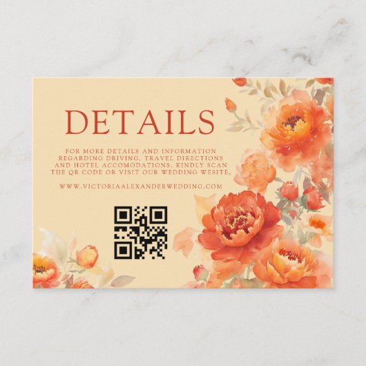 Fall Burnt Orange Floral Qr Code Hochzeitsdetails Begleitkarte (Vorderseite)