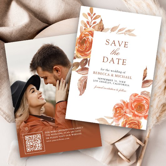Fall Burnt Orange Floral Terracotta Foto Hochzeit Save The Date