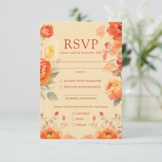 Fall Burnt Orange Floral Wedding Response Card RSVP Karte (Stehend Vorderseite)
