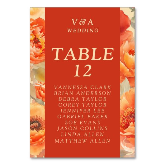 Fall Burnt Orange Floral Wedding Tischnummer (Vorderseite)