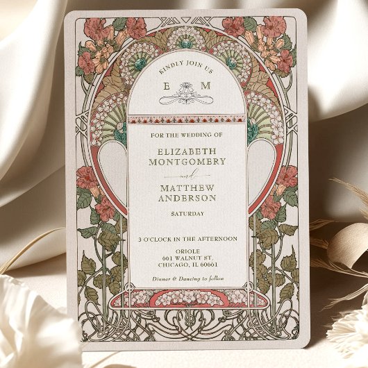 Fall Burnt Orange Gold Wedding Art Nouveau Mucha Einladung