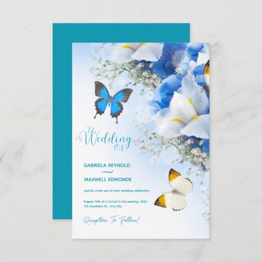 Fall Butterfly Nature Blue Hydrangea Wedding Einladung (Vorne/Hinten)