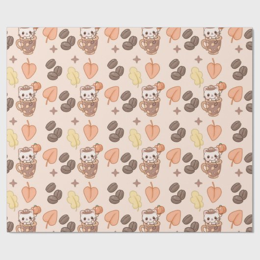 Fall Cat Mug Kawaii Coffee Bean Pattern Geschenkpapier (Flach)