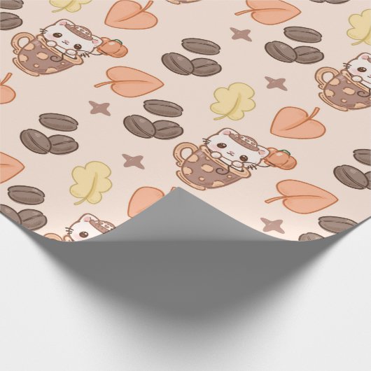 Fall Cat Mug Kawaii Coffee Bean Pattern Geschenkpapier (Ecke)
