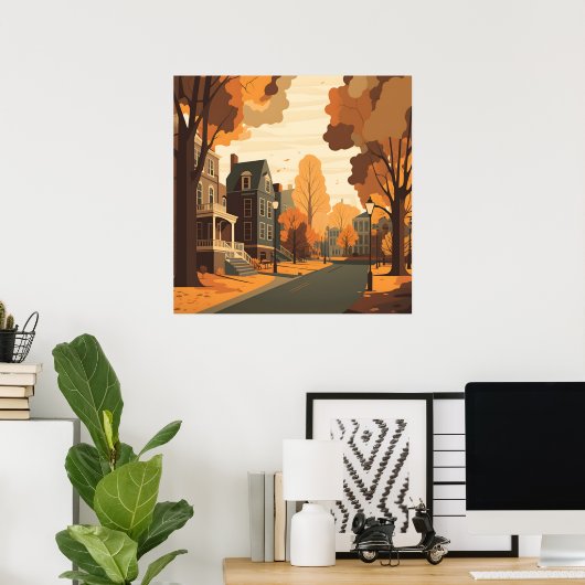 Fall Cityscape Rustikale Orange Rot Gelb Brown Poster (Heimbüro)