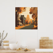 Fall Cityscape Rustikale Orange Rot Gelb Brown Poster (Küche)