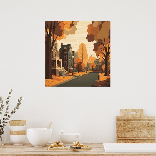Fall Cityscape Rustikale Orange Rot Gelb Brown Poster (Küche)