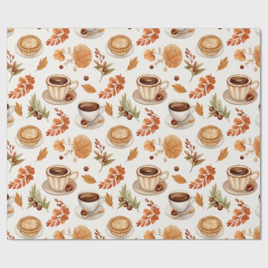 Fall Coffee and Pie Pattern with Leaves in Warm Geschenkpapier (Flach)