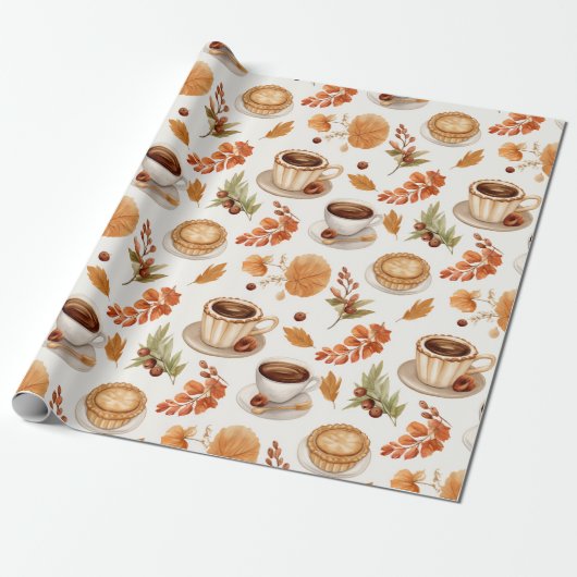 Fall Coffee and Pie Pattern with Leaves in Warm Geschenkpapier (Ungerollt)