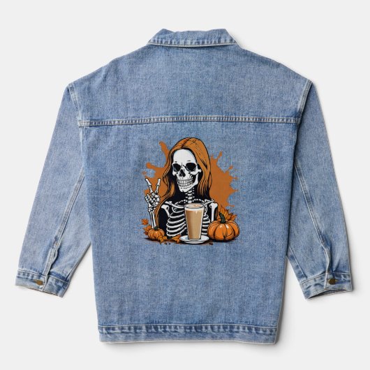 Fall Coffee Skeleton Halloween Jeansjacke (Rückseite)
