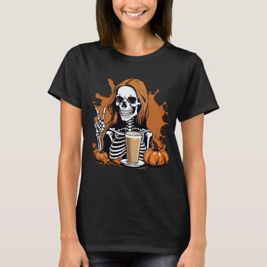 Fall Coffee Skeleton Halloween T-Shirt (Vorderseite)