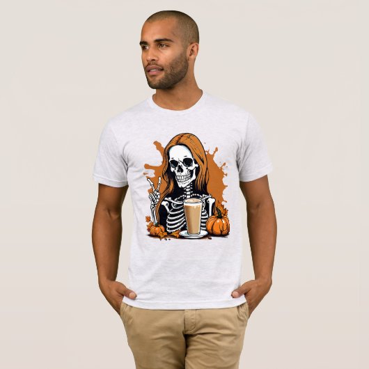Fall Coffee Skeleton Halloween T-Shirt (Vorne ganz)