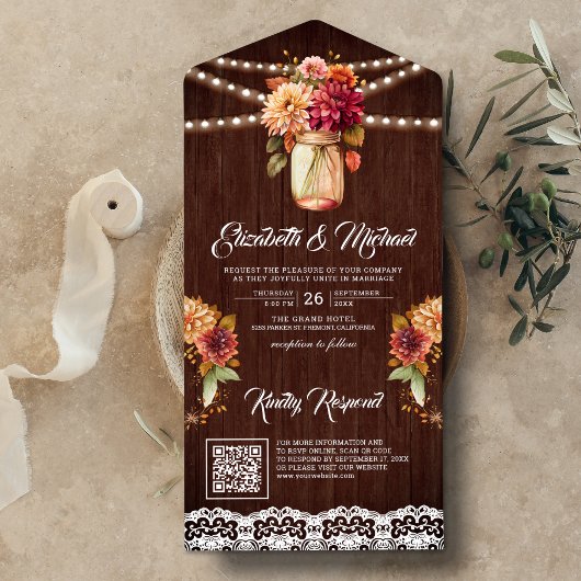 Fall Dahlia Floral Mason Jar QR Code Hochzeit Holz All In One Einladung