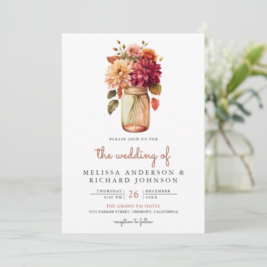 Fall Dahlia Floral Mason Jar QR Code Wedding Einladung (Stehend Vorderseite)
