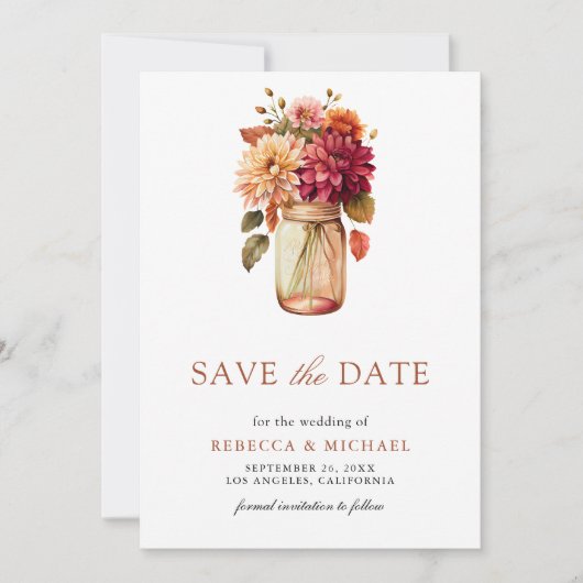 Fall Dahlia Mason Jar Foto Wedding Save The Date (Vorderseite)