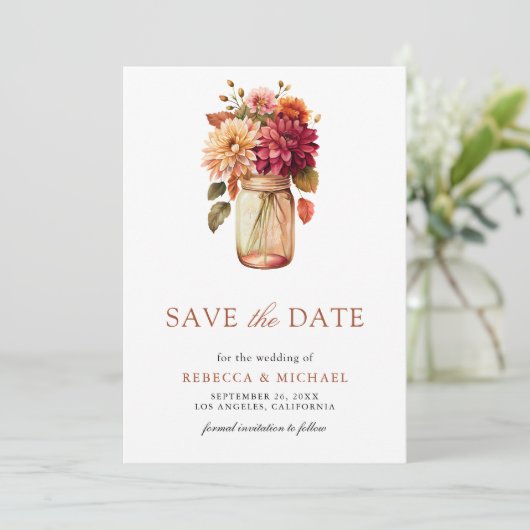 Fall Dahlia Mason Jar Foto Wedding Save The Date (Stehend Vorderseite)