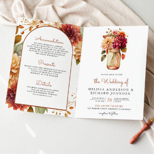 Fall-Dahlie Florale Mason-Glas-QR-Code-Hochzeit Einladung