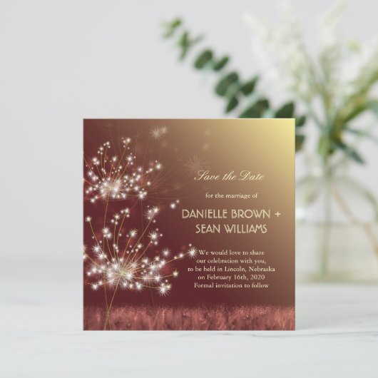 Fall Dandelions Brown Wedding Save the Date (Stehend Vorderseite)