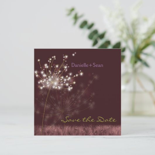 Fall Dandelions Burgundy Wedding Save the Date (Stehend Vorderseite)