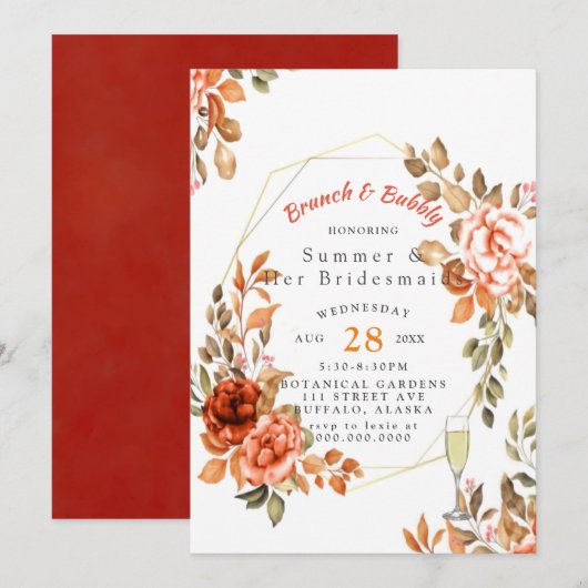 Fall Dark Red Floral Bridesmaids Luncheon Einladung (Vorne/Hinten)