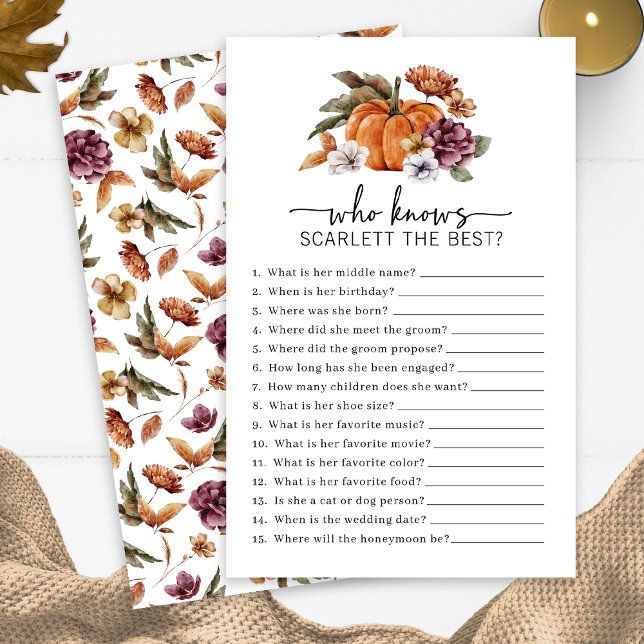 Fall, der das Bridal-Spiel kennt (Fall Who Knows The Bride Game Fall In Love Bridal Shower Pumpkin Florals by Painted Paperie)