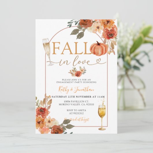 Fall der Liebe Boho Pumpkin Arch Engagement Party Einladung (Stehend Vorderseite)