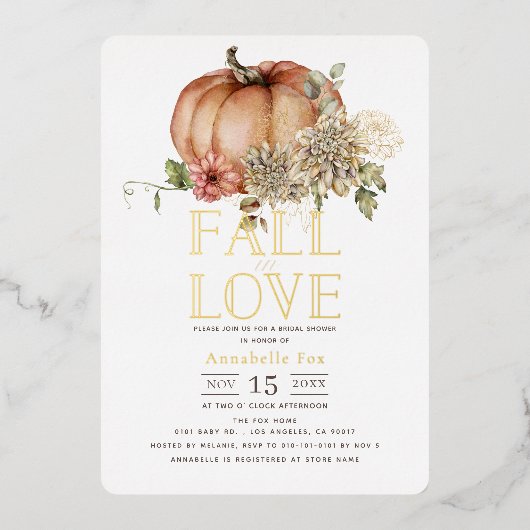 Fall der Liebe Floral Orange Pumpkin Brautparty Folieneinladung (Vorderseite)