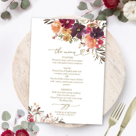 Fall der Liebe Pumpkin Burgundy Wedding Menu Card Einladung