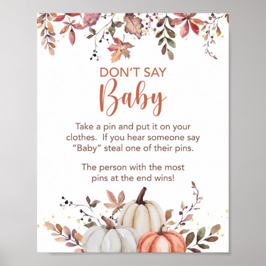 Fall Don't Say Baby Shower Game Sign Pumpkins Poster (Vorne)