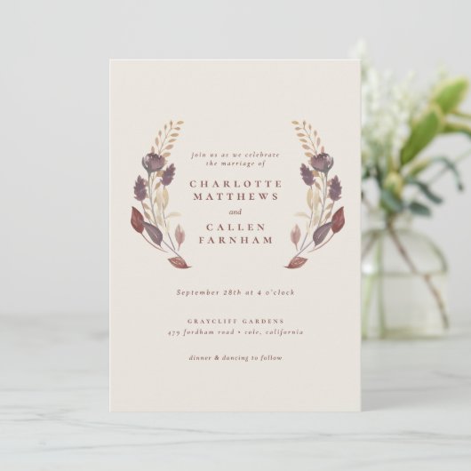 Fall Dusty Lila Rust Wheat Floral Arch Hochzeit Einladung (Stehend Vorderseite)